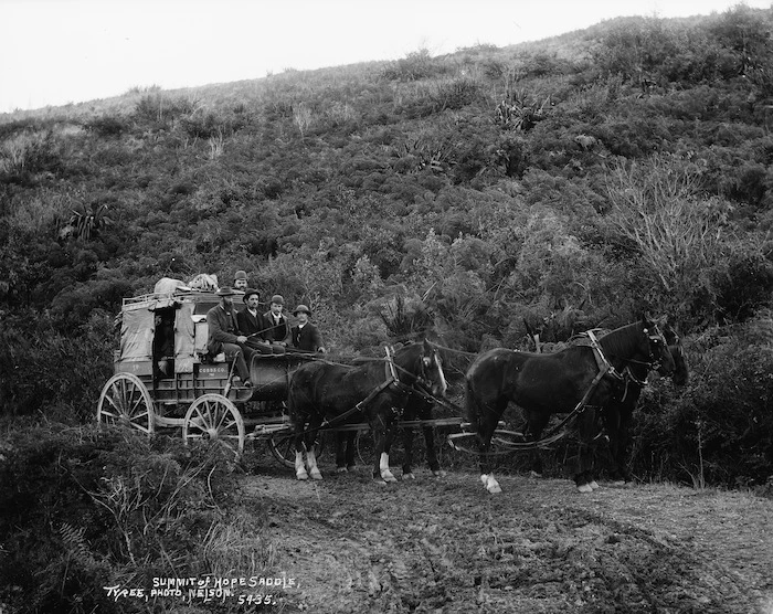 Tyree Brothers (Firm) :Photograph of a Cobb & Co coach on the summit of Hope Saddle