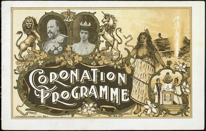 [Wellington Coronation celebrations]. Coronation programme. [Cover of Order of proceedings at the Basin Reserve, Thursday 26th June 1902]. Turnbull, Hickson and Gooder, lithos, Wgtn.