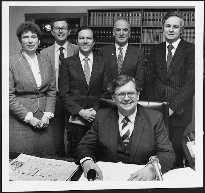 Prime Minister-elect David Lange with office holders in the fourth Labour government - Photograph taken by John Nicholson