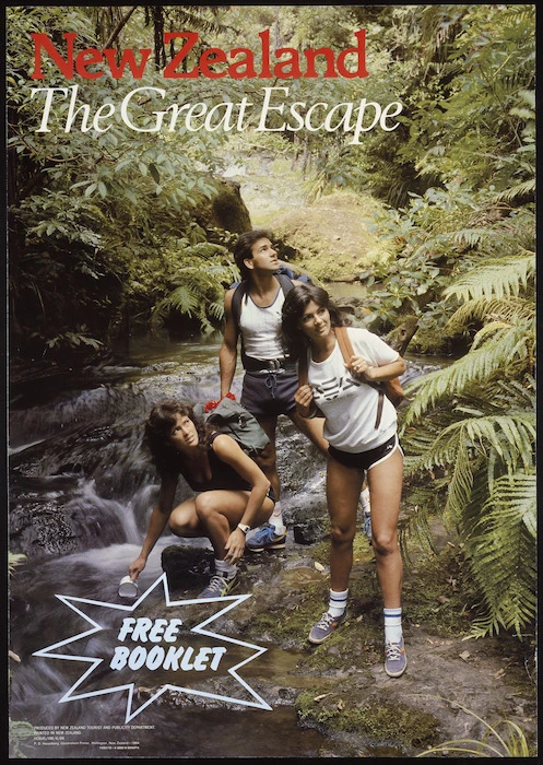 New Zealand. Tourist and Publicity Department :New Zealand, the great escape. Free booklet. Produced by New Zealand Tourist and Publicity Department. Printed in New Zealand. HO645/4M/4/84. P D Hasselberg, Government Printer, Wellington New Zealand, 1984. 15557B-4000/4/84MPK.