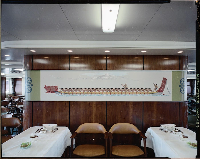 Waka mural on wall in cafeteria, Wahine (ship), 1967