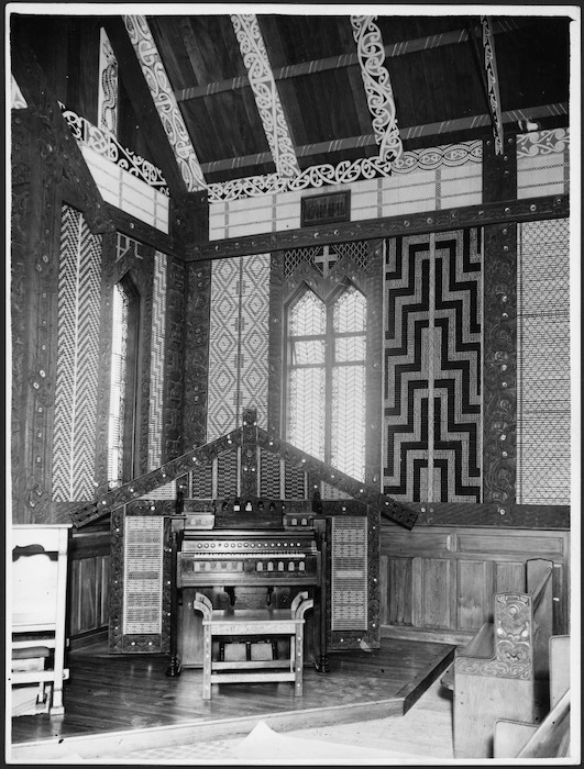 Creator unknown : Photograph of the interior at St Marys Church, Tikitiki, including the organ