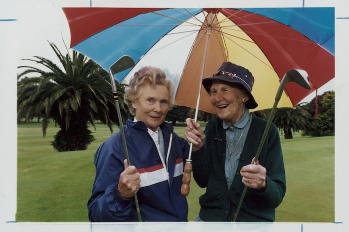 Veteran golfers Lillian Sime, and Audrey Simmons, Hutt Golf Club, Lower Hutt