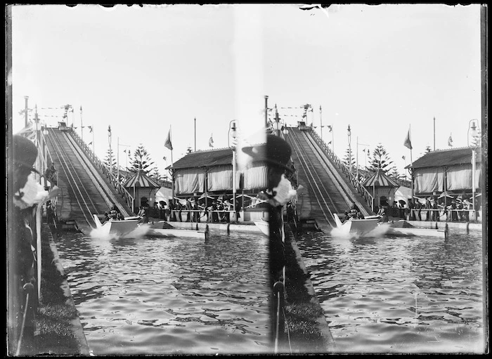 Creator unknown :Stereoscopic photograph of the water chute at the New Zealand International Exhibition, Christchurch