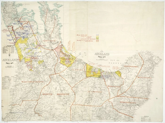 [Sims Commission?] :[Map showing Maori land confiscation, land before the Land Court, boundaries of Crown purchases and iwi districts from South Auckland to Lake Taupo] [map with ms annotations]. [1927?]