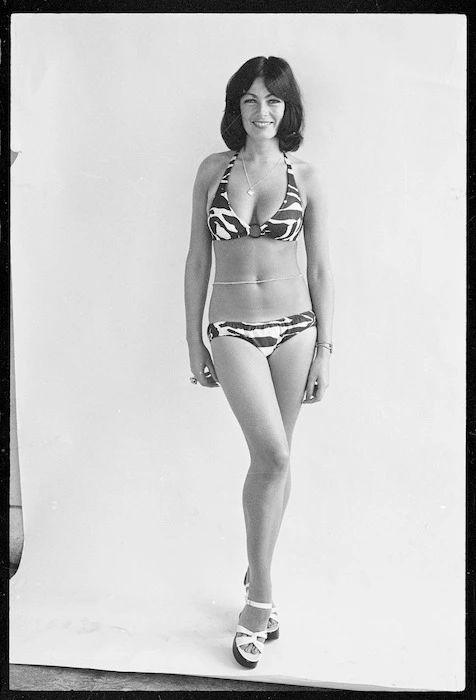 Model wearing bikini swimsuit, 1974
