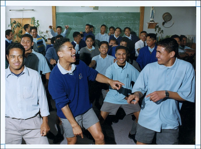 Daniel Laumatia and other members of the St Bernard's College Polynesian club, Lower Hutt - Photograph taken by Ray Pigney