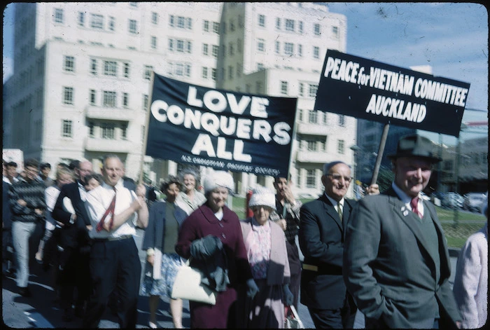 Anti Vietnam War demonstration passing the Wellington Town Hall, Mercer Street