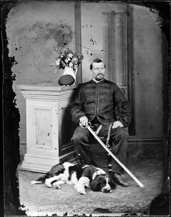 Mr Hiscox, with dog and sabre
