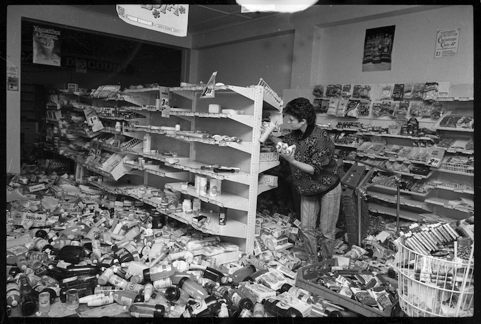 Grocery shop interior, Edgecumbe, showing earthquake damage