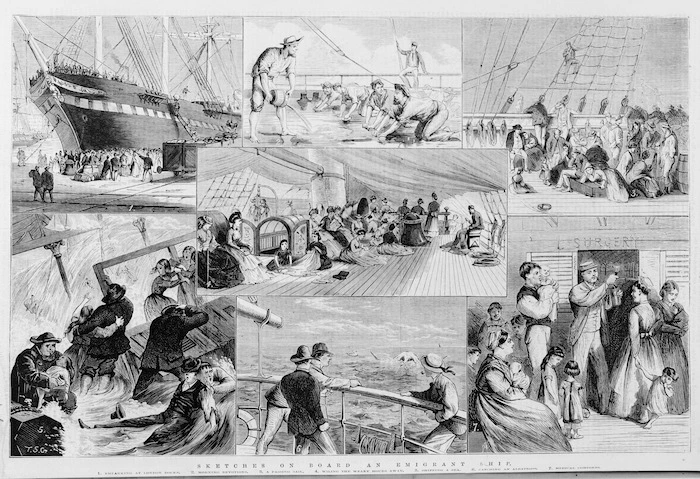 Montage of sketches depicting life on board an emigrant ship
