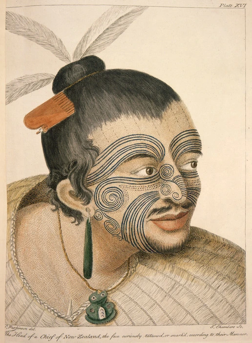 Parkinson, Sydney, 1745-1771 :The head of a chief of New Zealand, the face curiously tataow'd, or marked according to their manner. S. Parkinson del. T. Chambers sc. London, 1784. Plate XVI.
