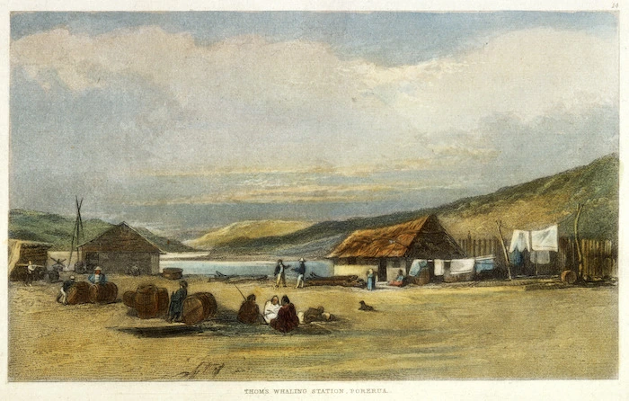 Brees, Samuel Charles, 1810-1865 :Thom's whaling station, Porerua. [Between 1842 and 1845] Engraved by Henry Melville; drawn by S C Brees [London, 1847]