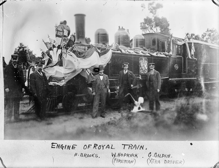 Railway workers in front of the locomotive used for the 1901 royal visit