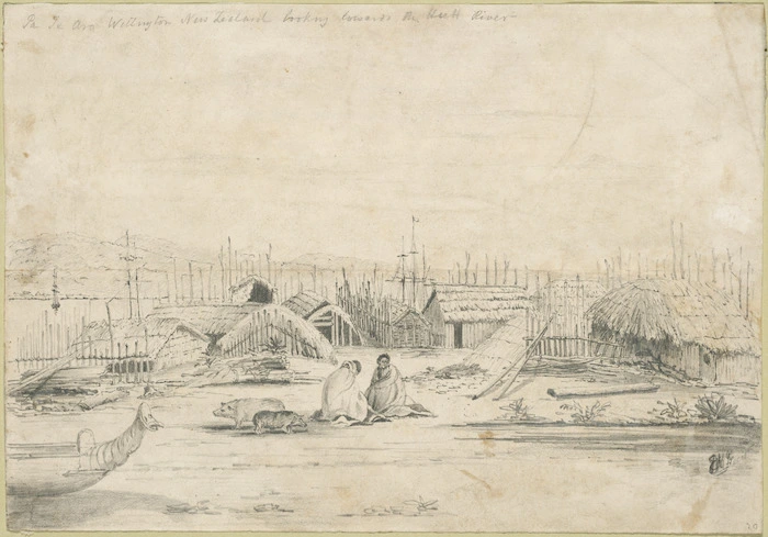 Norman, Edmund, 1820-1875. Attributed works :Pa, Te Aro, Wellington looking towards the Hutt River [1842 or 1843?]