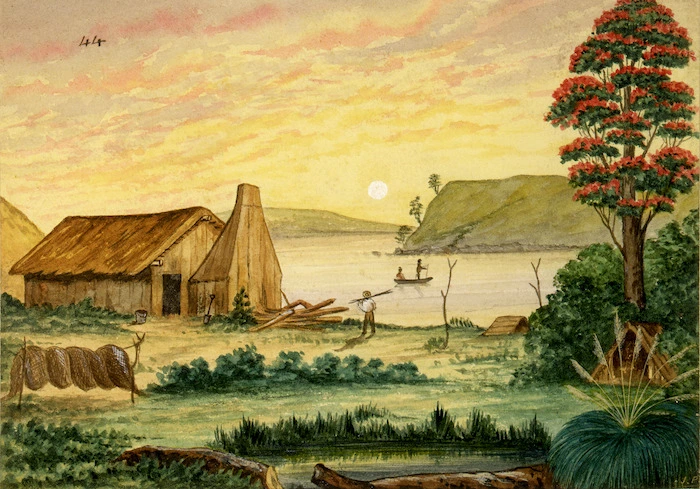 Backhouse, John Philemon, 1845-1908 :[Settler's hut on the edge of a lake. ca 1880]