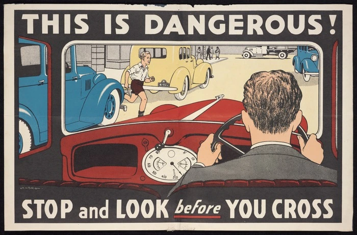 Mitchell, Leonard Cornwall Mitchell, 1901-1971: This is dangerous. Stop and look before you cross [1938?]