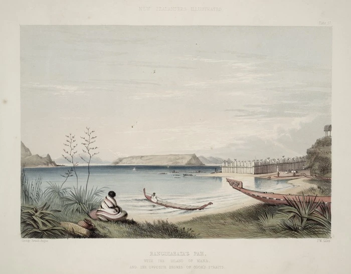 Angas, George French 1822-1886 :Rangihaeata's pah with the island of Mana and the opposite shores of Cook's Straits / George French Angas [delt]; J. W. Giles [lith]. Plate 57, 1847.
