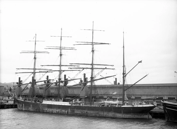 The ship Pamir docked at Pipitea Wharf, Wellington Harbour, Wellington