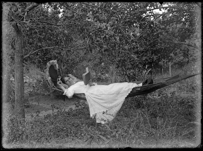 Lydia Myrtle Williams in a hammock, Napier