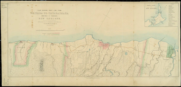 Plan shewing coast line from Waitara to Tataraimaka, Province of Taranaki, New Zealand / compiled and lithd. at the Topographical Depot, War Office ; Col. Sir H. James, R.E., F.R.S. &c., director.