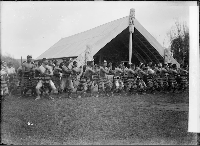 Maori group performing haka at Putiki Pa, Wanganui