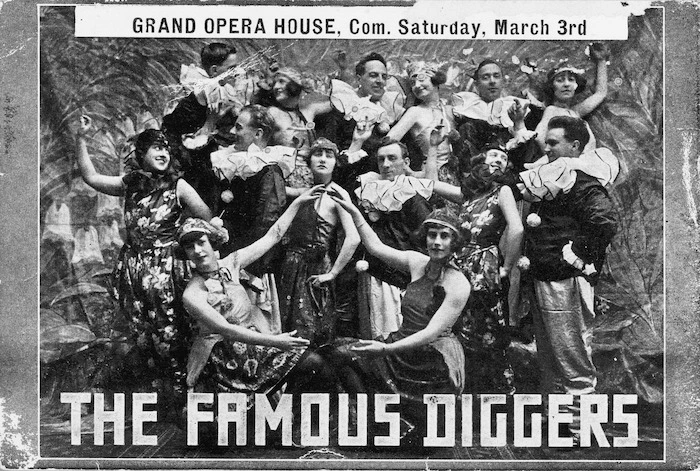 Grand Opera House Wellington :The Famous Diggers. Grand Opera House, com[mencing] Saturday, March 3rd [Postcard. 1923].