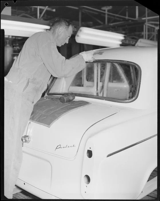 Ford Prefect car on assembly line in factory