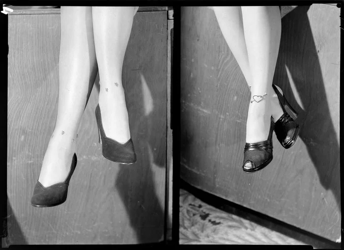 Feet modelling high heeled shoes & jewelled stockings [two images]