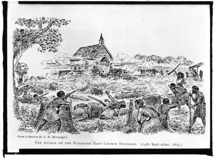 [Messenger, Arthur Herbert], 1877-1962 :The attack on the Pukekohe East Church stockade, 14 September, 1863. From a drawing by A H Messenger. [1921]