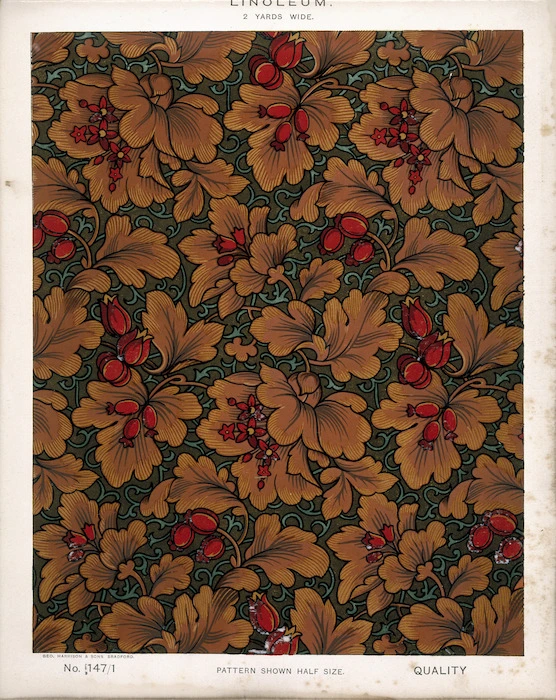 George Harrison & Co (Bradford) :Linoleum, 2 yards wide. [Victorian floral and leaf pattern, influenced by William Morris design]. No. 147/1. Pattern shown half size. [1880s?]