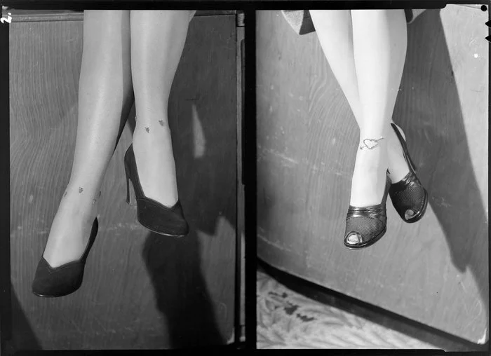 Feet modelling high heeled shoes & jewelled stockings [two images]
