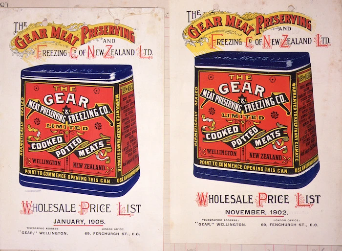 Gear Meat Preserving and Freezing Company Ltd :Wholesale price list, January 1905; [and] Wholesale price list, November 1902. [Covers].