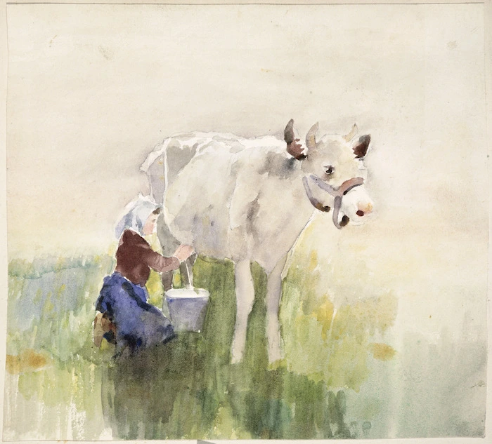 [Hodgkins, Frances Mary] 1869-1947 :[Woman milking a cow. ca 1890]