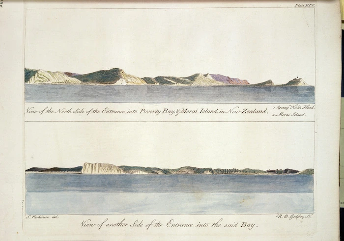 Parkinson, Sydney, 1745-1771 :A view of the North side of the entrance into Poverty Bay & Morai Island in New Zealand. 1. Young Nick's Head. 2. Morai Island. View of another side of the entrance into the said bay. S. Parkinson del. R. B. Godfrey sc. Plate XIV. [London, 1784]