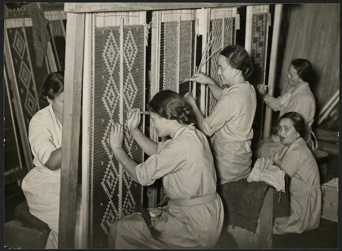 Māori women from Ōtaki making tukutuku panels