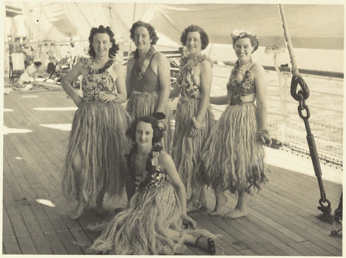 Women in Hawaiian costume for a Women's War Service Auxiliary concert during World War 2