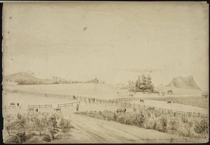 [Williams, John] d 1905 :View of the Waimati (missionary station) and Poka Mie Hill in the distance