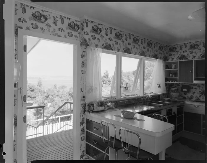 Kitchen interior, Farrell house, Lowry Bay, Eastbourne, Lower Hutt