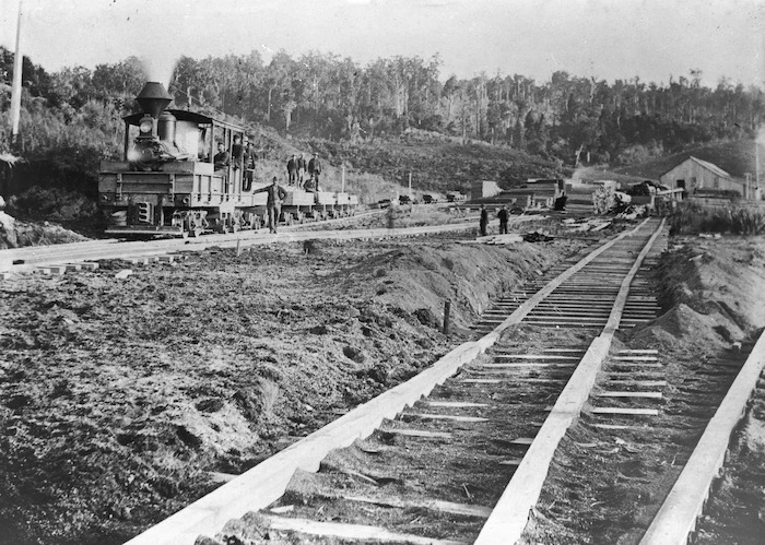 Railway line and locomotive, Taupo Totara Timber Company at Mokai