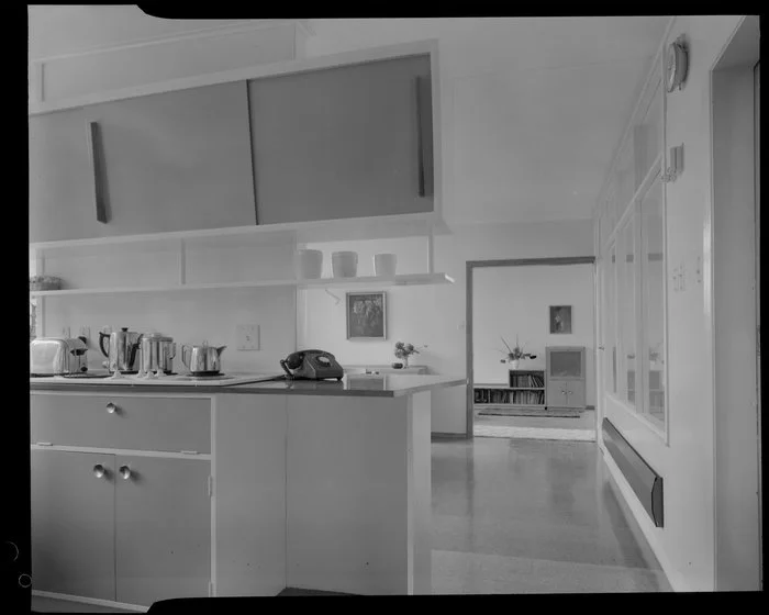 Kitchen interior, Shuker house, Titahi Bay, Porirua