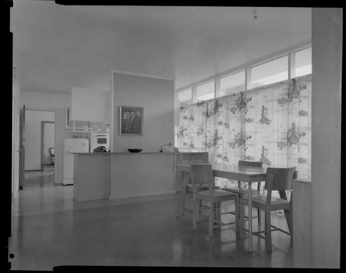Dining room interior, Shuker house, Titahi Bay, Porirua