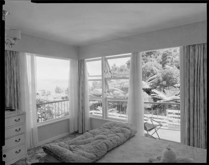 Bedroom interior, Farrell house, Lowry Bay, Eastbourne, Lower Hutt
