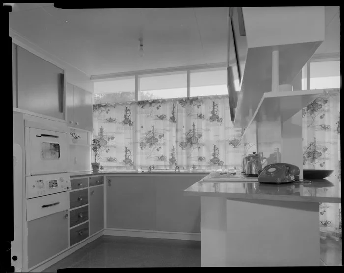 Kitchen interior, Shuker house, Titahi Bay, Porirua