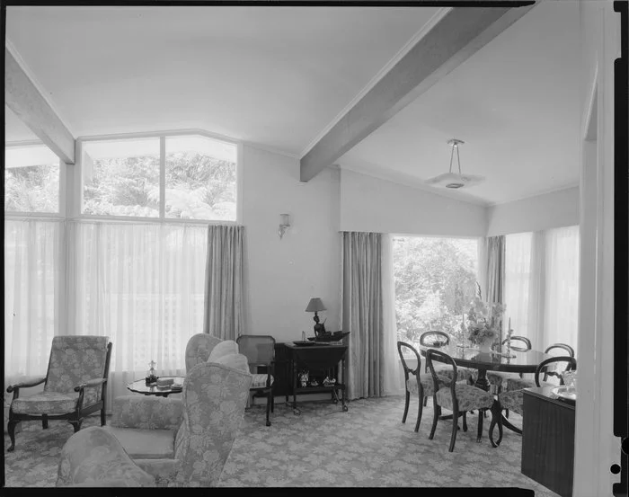 Living room interior, Farrell house, Lowry Bay, Eastbourne, Lower Hutt