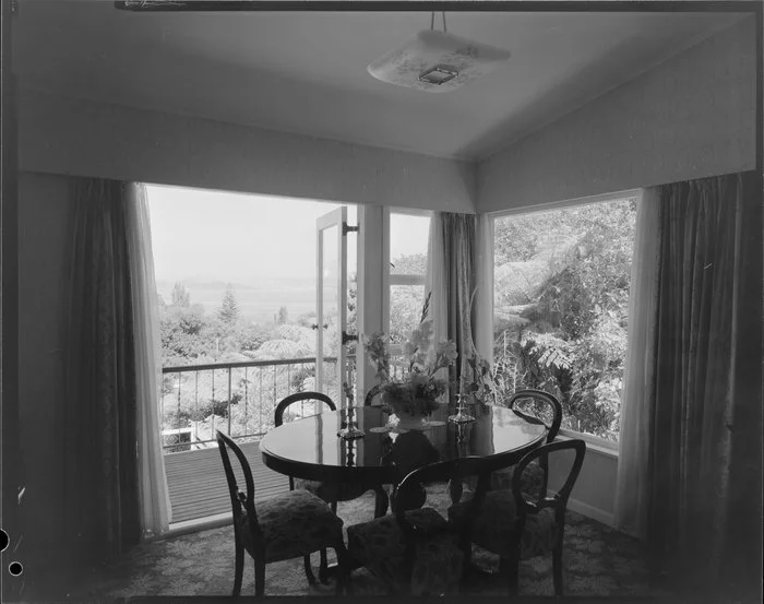 Dining room interior, Farrell house, Lowry Bay, Eastbourne, Lower Hutt