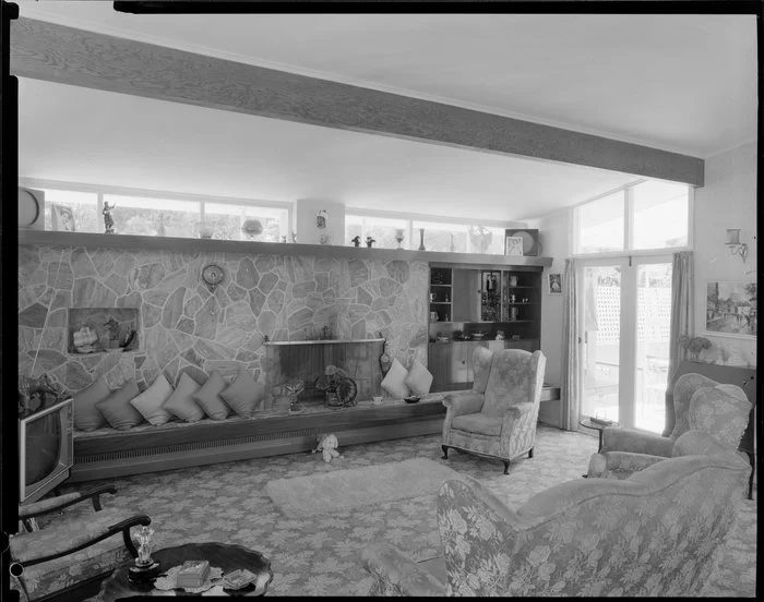 Living room interior, Farrell house, Lowry Bay, Eastbourne, Lower Hutt