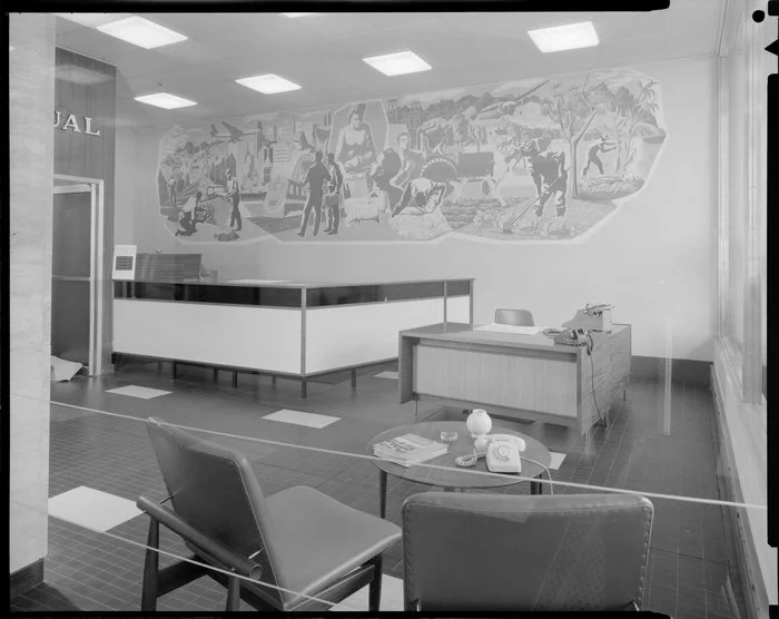 National Mutual Life Assurance, offices, reception area with mural, Wellington