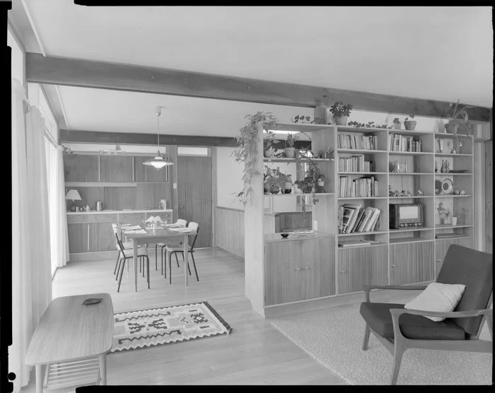 Lounge and dining room in house of Dr Harvey, 14 Churchill Drive, Wellington