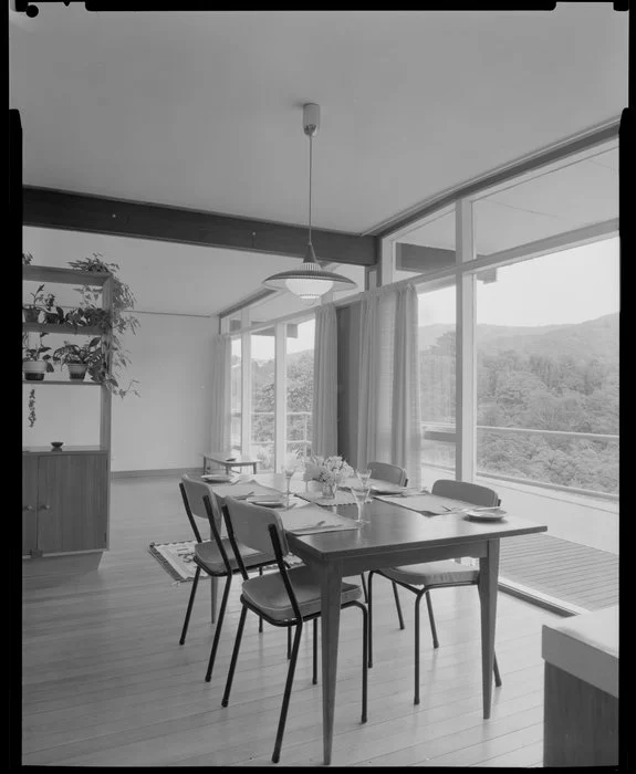Dining room in house of Dr Harvey, 14 Churchill Drive, Wellington